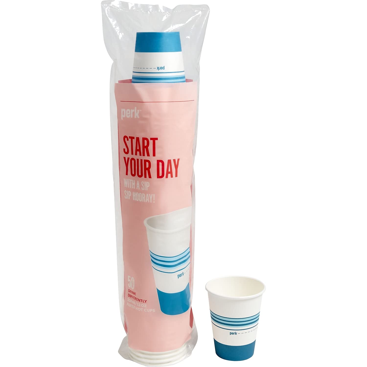 Perk 12 Oz Paper Hot Cups, 50 Count Bulk Disposable Coffee Cups for Hot Beverages, White/Blue