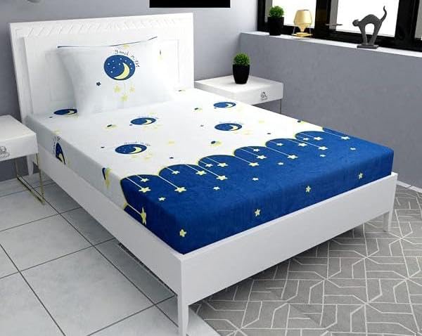 Kawi Soft Glace Cotton Elastic Fitted Single Bedsheet With 1Large Pillow Cover,200 Tc(72X48X8) - Blue Colour.