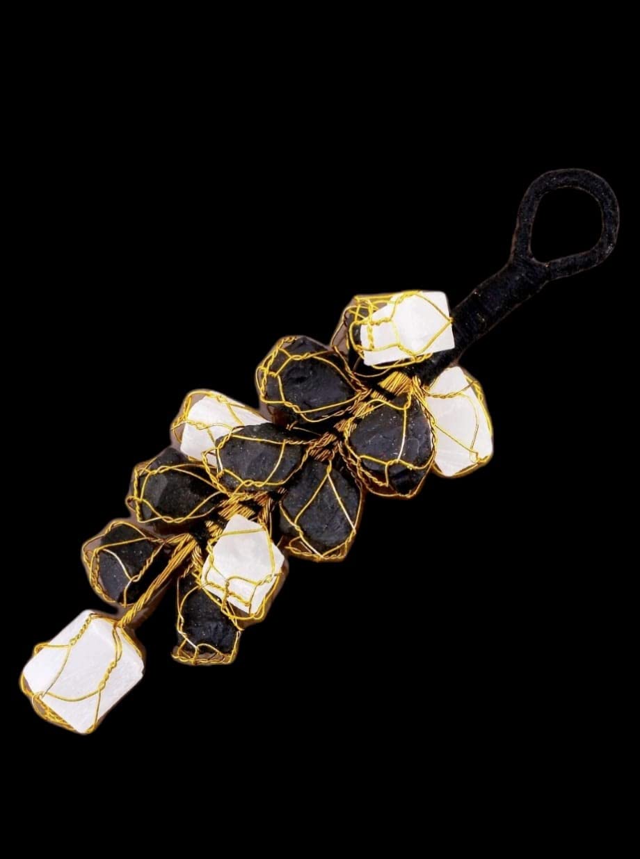 Gemtub Natural Handcrafted Black Tourmaline And Selenite Hanging Ornament Selenite And Tourmaline Rough Chunks Hanger Protection