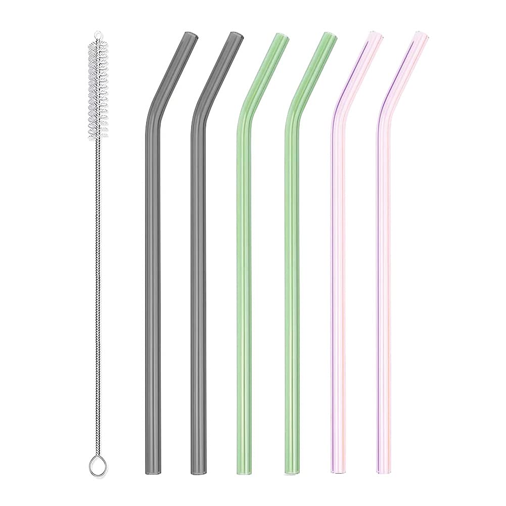 Amzsockets Reusable Glass Straws - 9 '' L X 8 Mm W - Smoothie Drinking Straws For Smoothie, Milkshakes, Pack Of 6 With 1 Cleanin