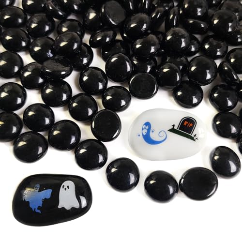 HappyFiller 5 LB Black Glass Gems Pebble Stones with 2 Pcs Large Printed Flat Marbles for Vase Filler Decor,Table Scatter,Fire P