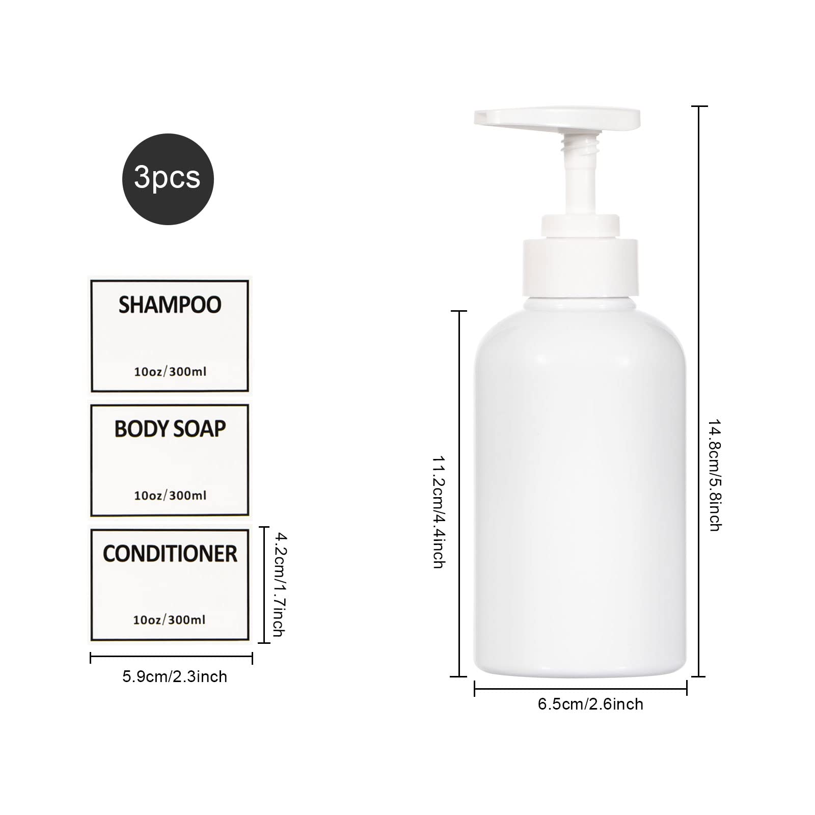 Yeeco White Pump Bottle Dispenser, Shampoo Bottle Dispenser With Waterproof Labels 10Oz/300Ml, Shampoo And Conditioner Bottles 3