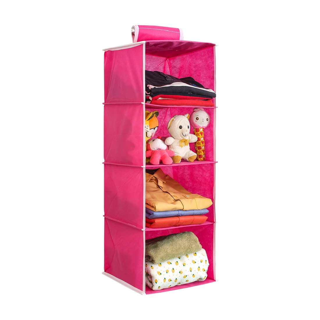 Prettykrafts Hanging 4 Shelves Wardrobe Organiser - Pink, Non-Woven Fabric