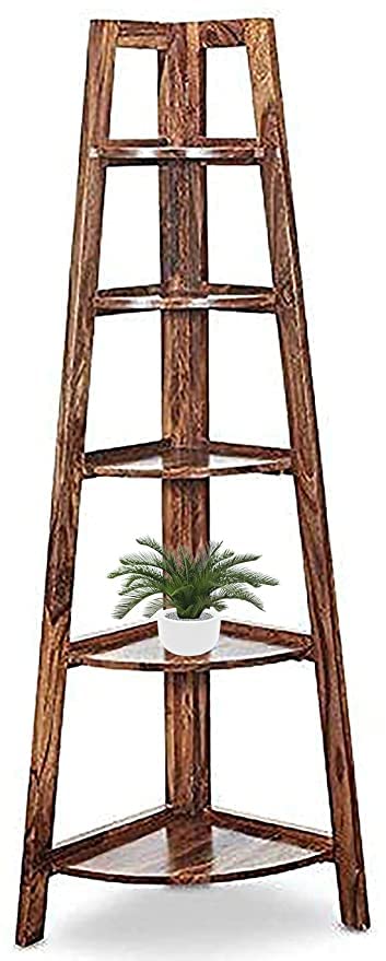 Craft D Arts Sheesham Wood 5 Shelves Corner Book Shelf [Natural Brown Finish]