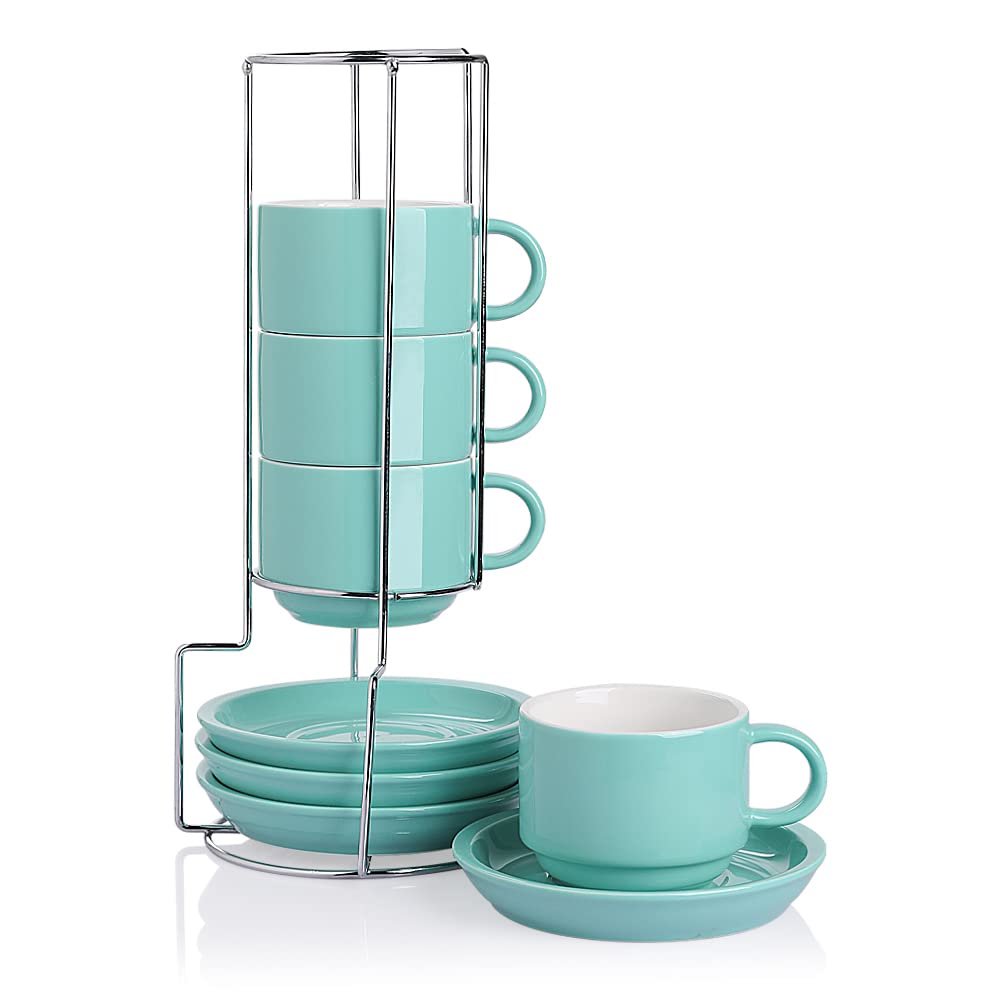Sweejar Porcelain Cappuccino Cups With Saucers And Metal Stand, 8 Ounce Stackable Espresso Cups For Specialty Coffee Drinks, Lat