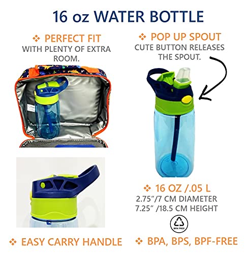 Lunch Bag with Water Bottle and Ice Pack Set  Boys Lunch-Box Set for Toddler Daycare or Pre-School  Kids Container for Lunches  Blue Orange Dinosaur