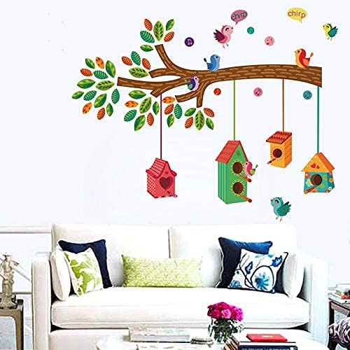 Ghar Kraft Pvc Vinyl Dream Girl | Bird House On A Branch | Branch With Cage|Magical Tree Wall Sticker - Multicolour - Set Of 4,