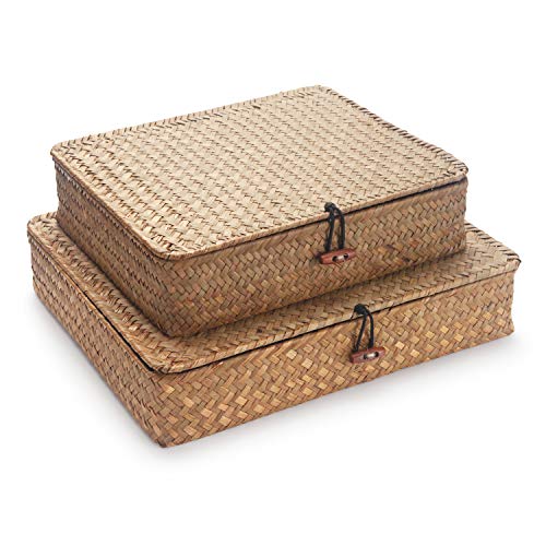 Flat Seagrass Storage Bins With Lid, Wicker Basket For Shelf Organize, Set Of 2 (Small+Large)