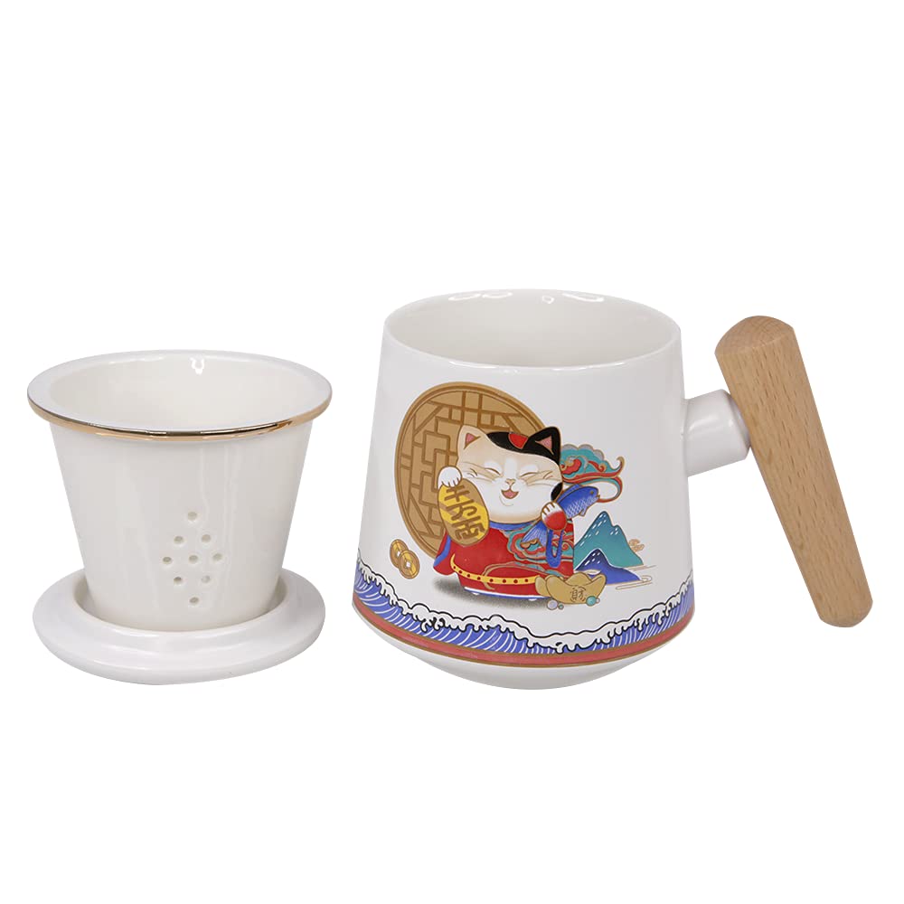 Amruta Lucky Cat Mug, Tea Cup With Infuser And Handle, 15Oz Ceramic Mug Set With Lid And Wood Handle, Great For Everyday Use Ste
