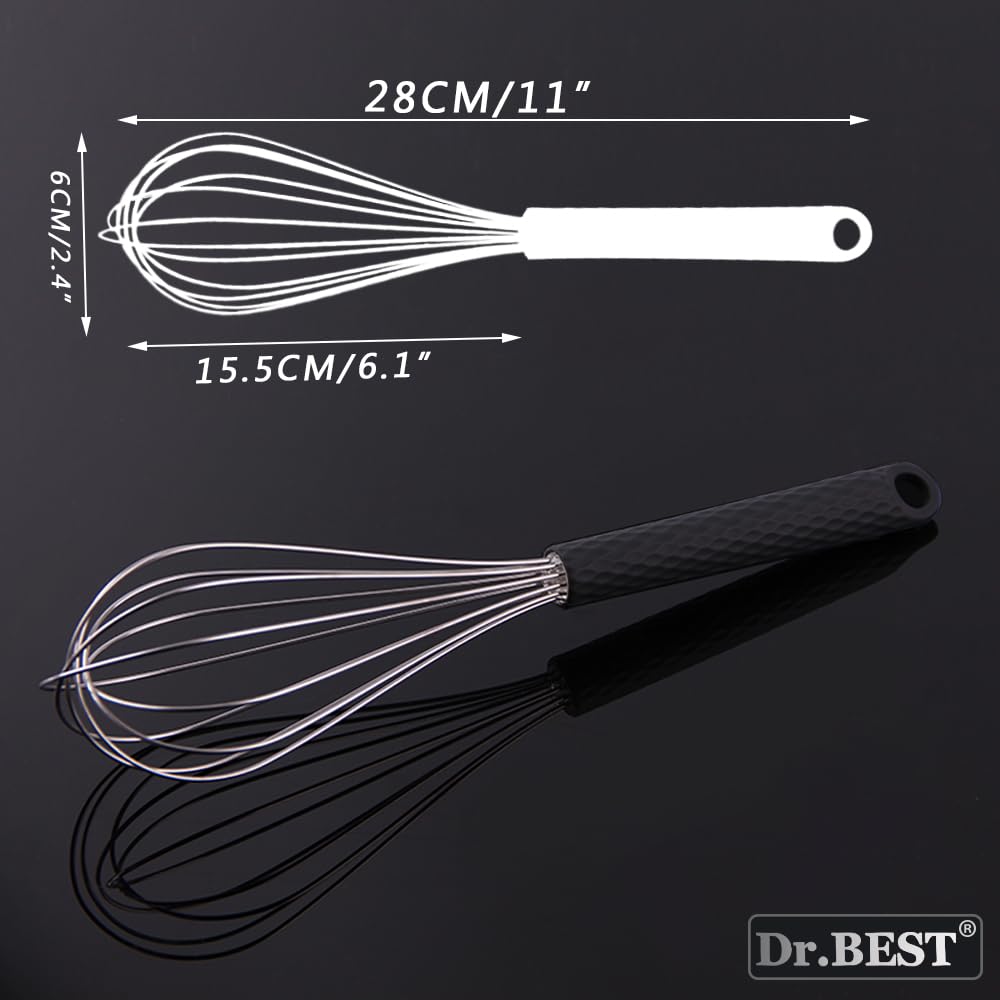 Dr.Best Stainless Steel Whisk Egg Beater Anti-Slip Silicone Handle Comfortable Grip(11 Inch/Black)