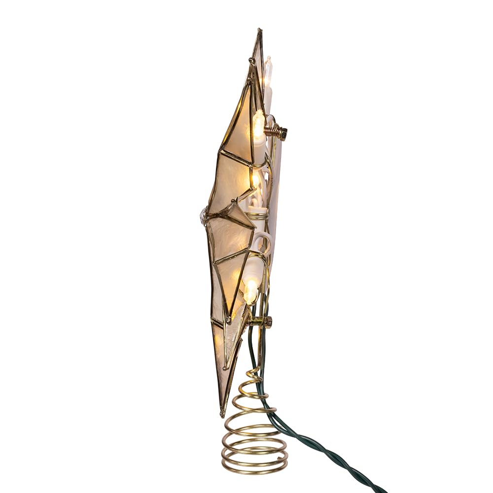 Kurt Adler 10-Light LED Brass Plated Capiz Star Tree Topper, 12-Point with Gem Center, 10.25
