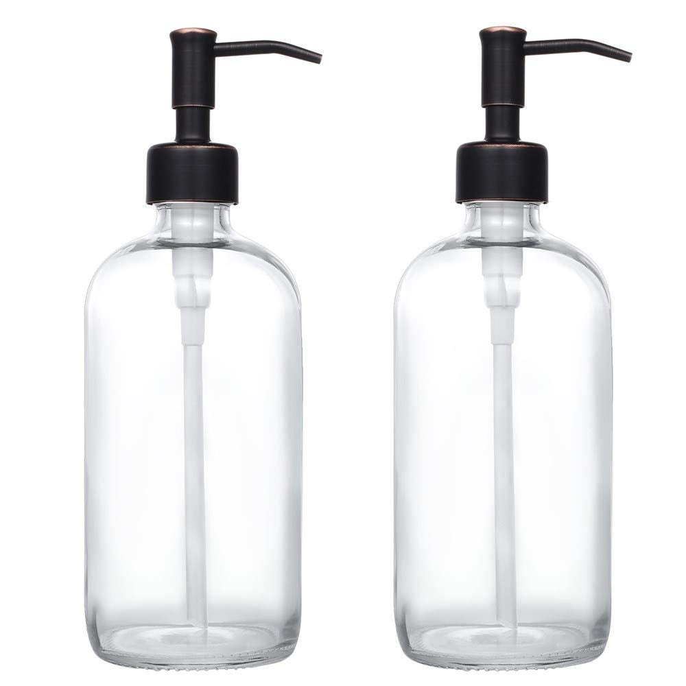 2 Pack Thick Clear Glass Pint Jar Soap Dispenser With Oil Rubbed Bronze Stainless Steel Pump, 16Ounce Clear Boston Round Bottles
