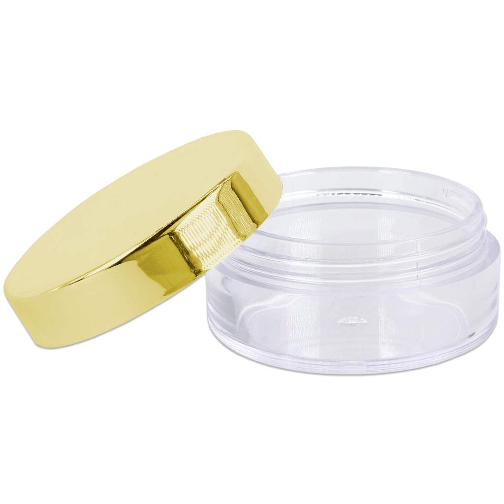 Beauticom 10g/10ml (0.35 Fl Oz) Round Clear Jars with Round Top Lids for Creams  Lotions  Make Up  Powders  Glitters  and more... (Color: Metallic Gold Lid  Quantity: 40 Pieces)