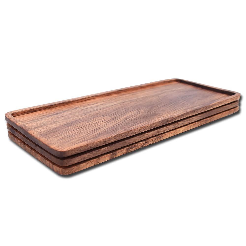 Linwnil Solid Wood Serving Platters, Set Of 3Pcs 13.8In X 5.5In Trays Of Natural Acacia Wood With Edge,Rectangular Avoid Sliding