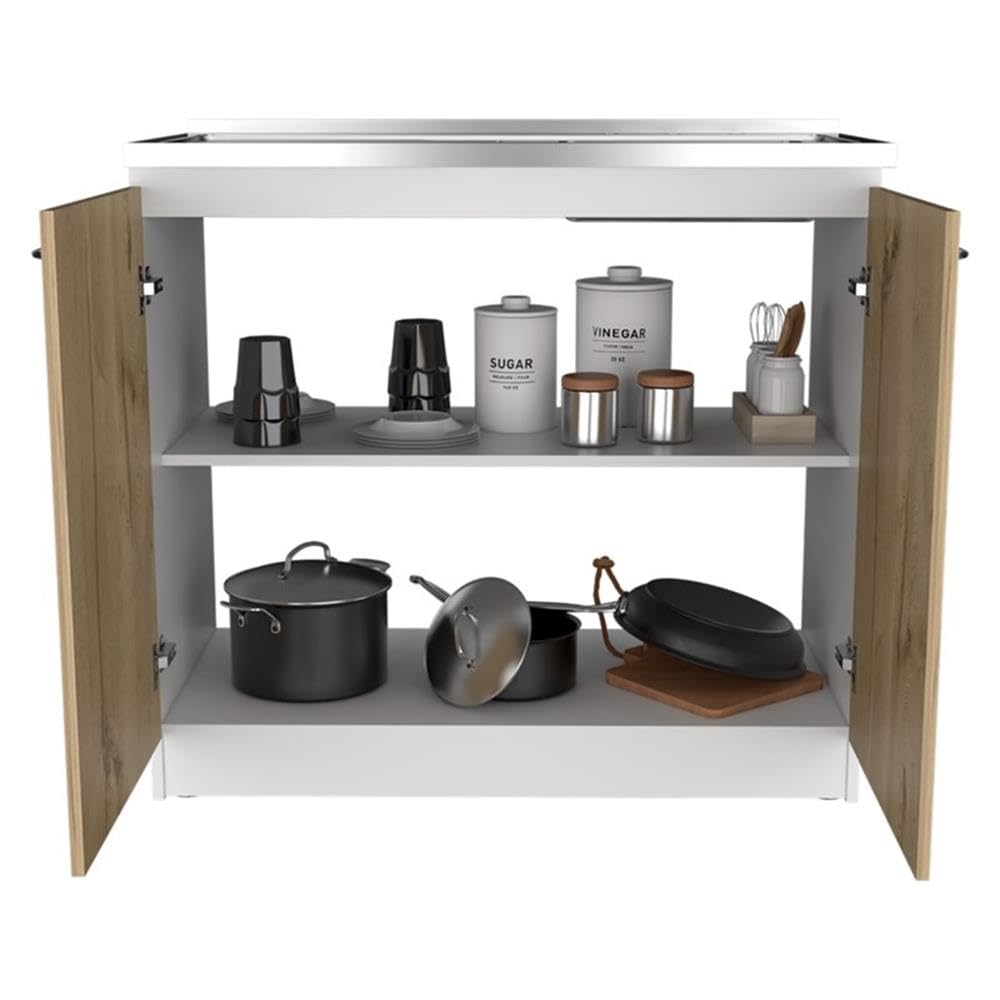 TUHOME Napoles Utility Sink  Two Shelves  Two-Door Cabinet  Countertop- White/Light Oak  For Kitchen Room