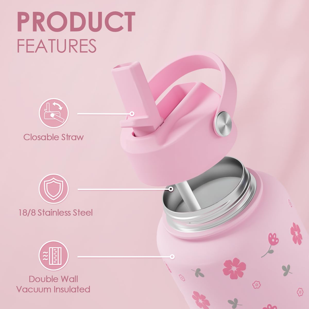 Floral Water Bottle 32oz Stainless Steel with Lid, Insulated Bottles for Women Girls, Gifts Ideas for Birthday Christmas