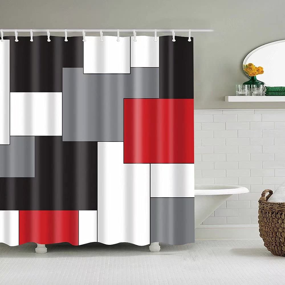Yizheer Geometric Red Shower Curtain Sets with Non-Slip Rugs Toilet Lid Cover and Bath Mat  Black and Gray Bathroom Decor Set Accessories Waterproof Shower Curtains