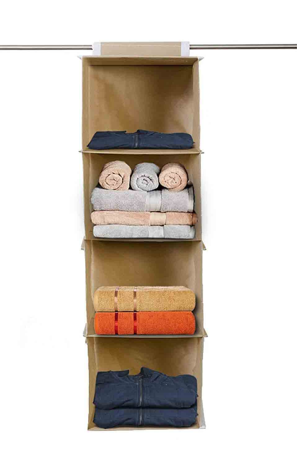 Shubhkraft Non Woven Foldable Hanging 4 Shelves Wardrobe/Clothes Storage Wardrobe Organiser For Almirah (Beige)
