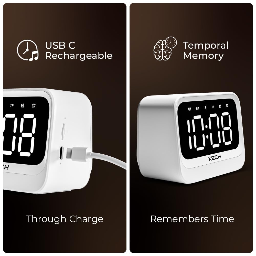 Xech Plastic Alarm Clock For Students And Heavy Sleepers Mini Digital Clock With Speaker Dual Alarm Usb C Powered Loud Alarm For