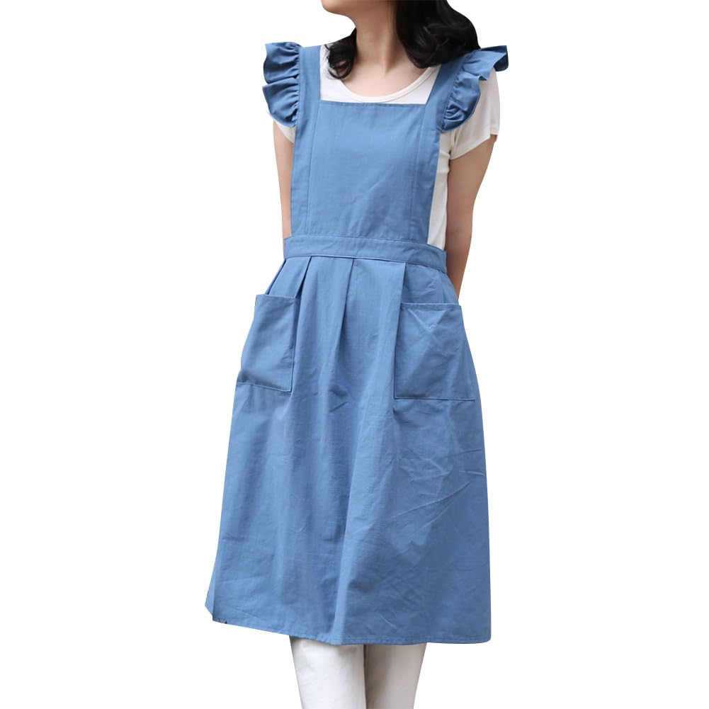 Obeeii Cotton Linen Apron For Women Girls Cross Back Kitchen Cooking Aprons With Pockets Vintage Baking Gardening Work Apron Pin