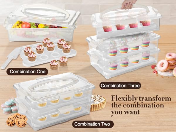 Arc 3-Tiers Cupcake Carrier (White) - Cupcake Holder And Cake Transport Container That Holds Up To 36 Cupcakes Or 3 Large Cakes