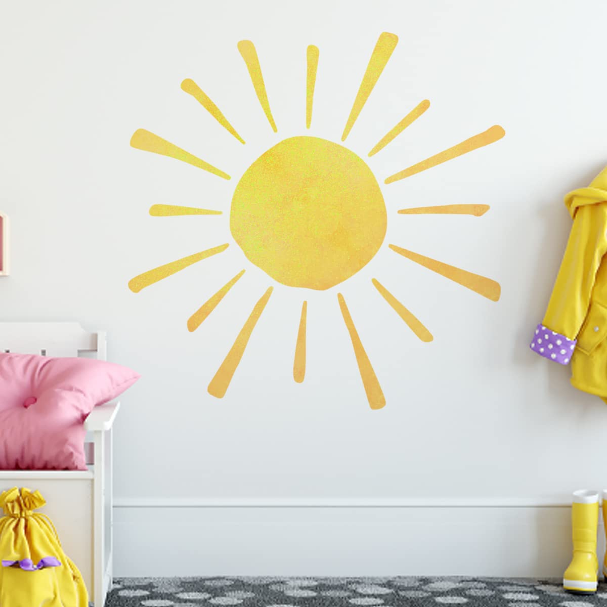 35.4'' X 35.4'' Watercolor Boho Sun Wall Decals Peel And Stick, Pvc Sunrise Wall Stickers, Yellow Sunshine Wall Art Decor For Ki