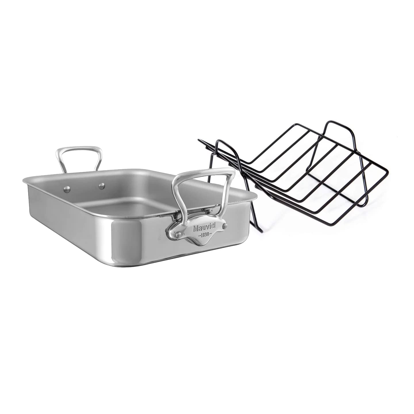 Mauviel MCook 5-Ply Polished Stainless Steel Roasting Pan With Rack, And Cast Stainless Steel Handles, 15.7 x 11.8-in, Made In 