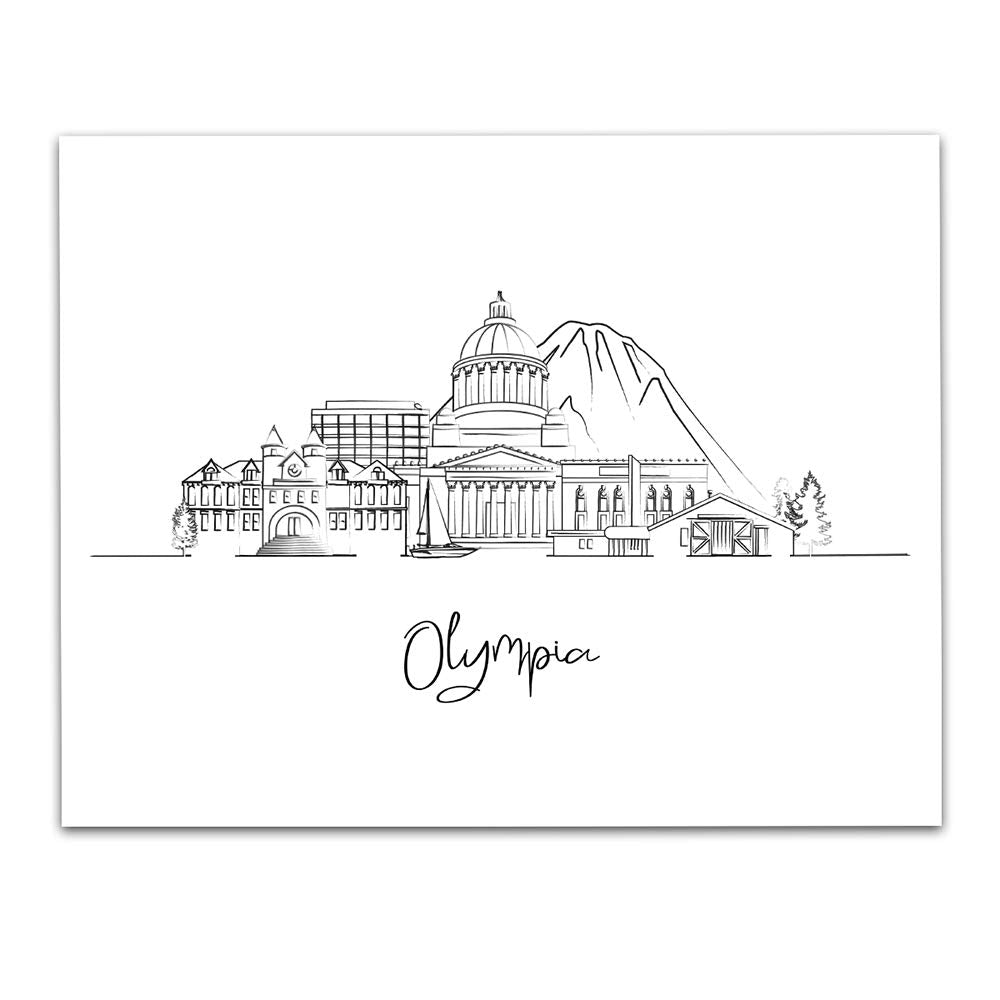 Tj Originals - Washington Skyline Landscape Hand Illustrated Skyline Wall Art Decor - Unframed 11 X 14 Black & White Print - Ann