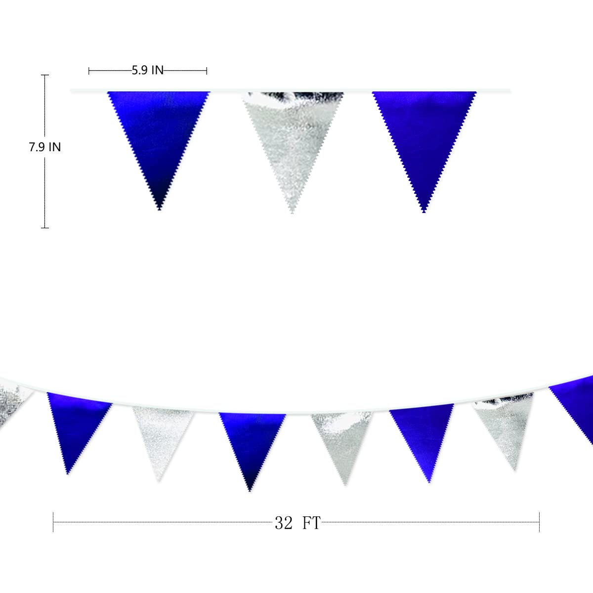 Royal Blue Silver Party Decorations Navy Blue Triangle Pennant Banner Flag Metallic Fabric Bunting Garland For Birthday Graduati