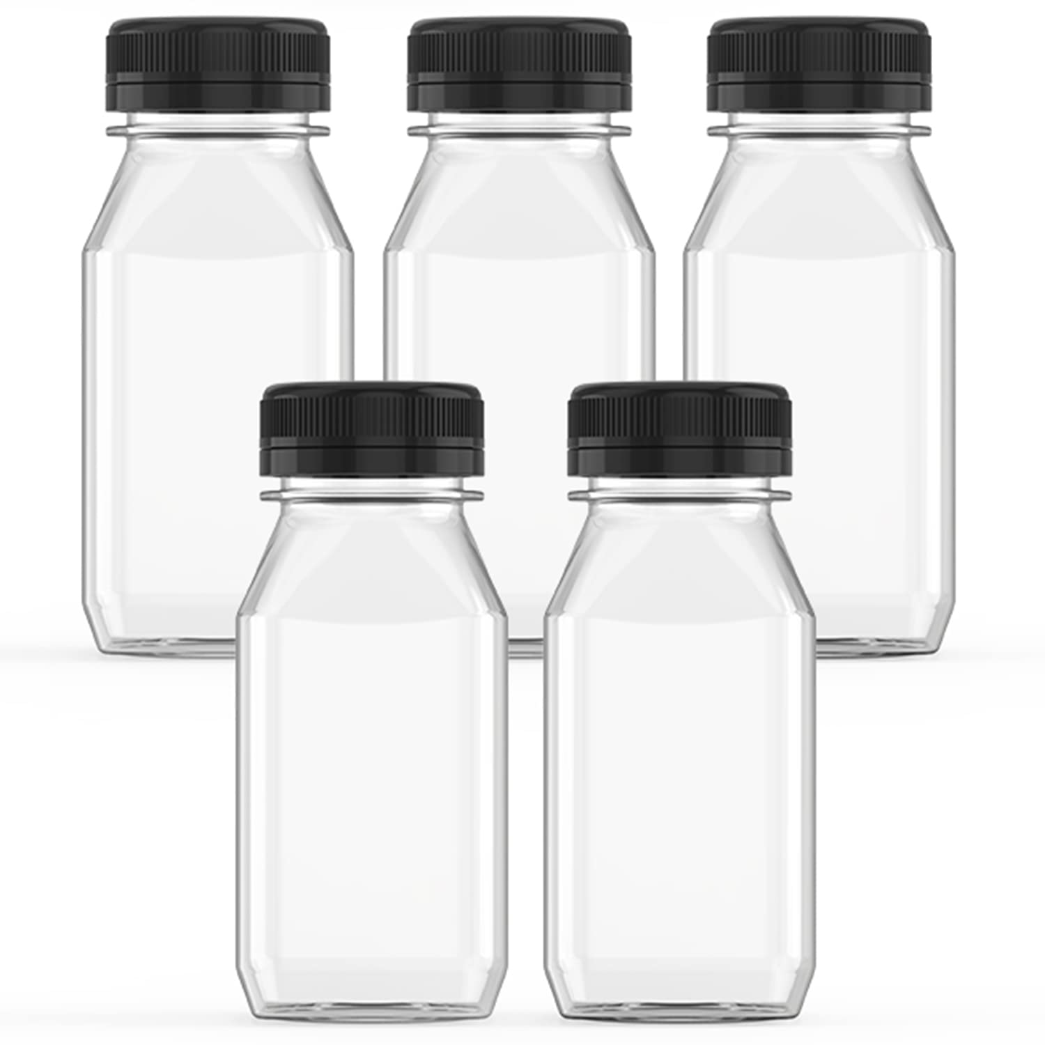 5 Pcs 6 oz Plastic Juice Bottle Reusable Transparent Bulk Beverage Containers with Black Lids for Juice, Drinking Milkshake Tea,