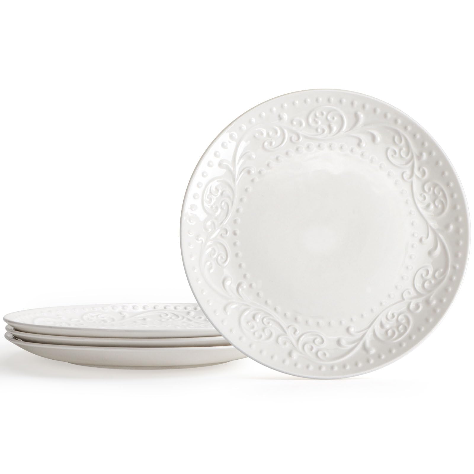 Artena Ceramic Dinner Plates Set Of 4, 10.75 Inch Embossed White Kitchen Plates For Salad, Dessert, Appetizer, Steak, Serving Di