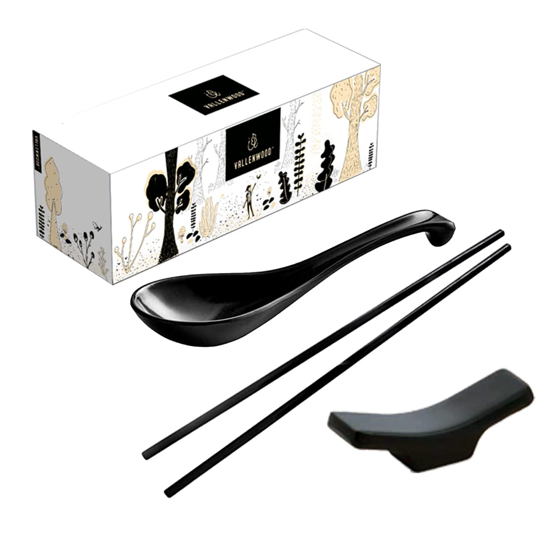 12 Pieces Ramen Set: 4 Black Spoons, 4 Chopsticks And 4 Stand Rest. Asian Soup Spoons. Unbreakable Melamine Made. Perfect For Ja