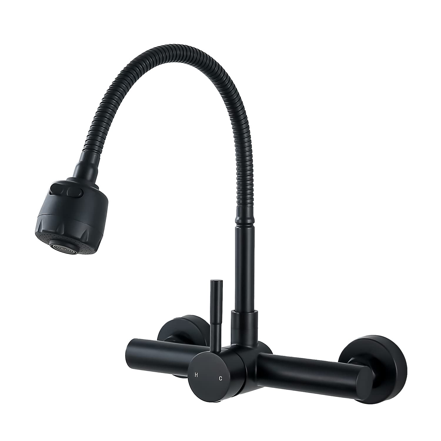 Zhyich Kitchen Sink Faucet Wall Mount With Sprayer, Stainless Steel Mixer Tap, Matte Black Finish, Nsf And Lead-Free Certified F