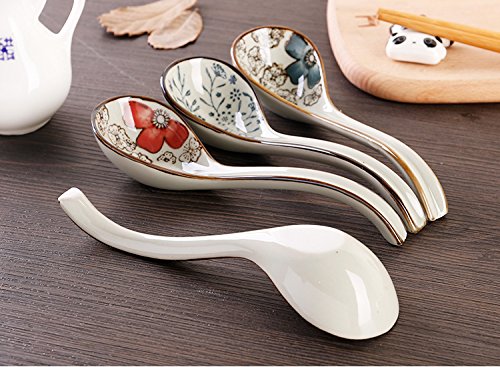 Pretty Hand-Printed Ceramic Spoons With Comfortable Size For Eating Soups,Set Of 4 Long Handle Hook Spoon Soup Spoon Hand-Crafte