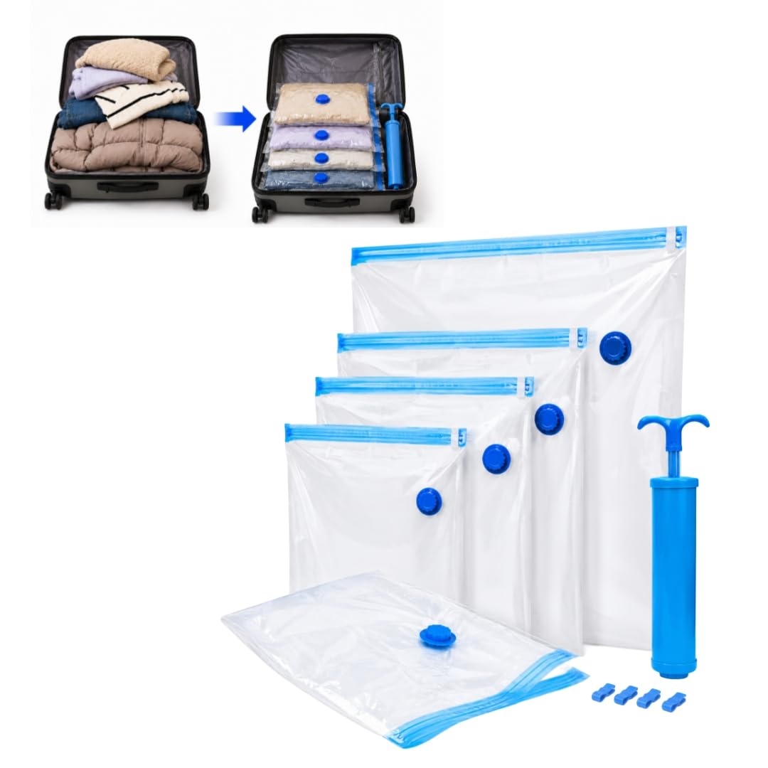 Vanibha 6 Pcs Vacuum Storage Bags Combo With Hand Pump | Up To 80% Space Saving Compressor Bags For Clothes, Travel Packing, Bla