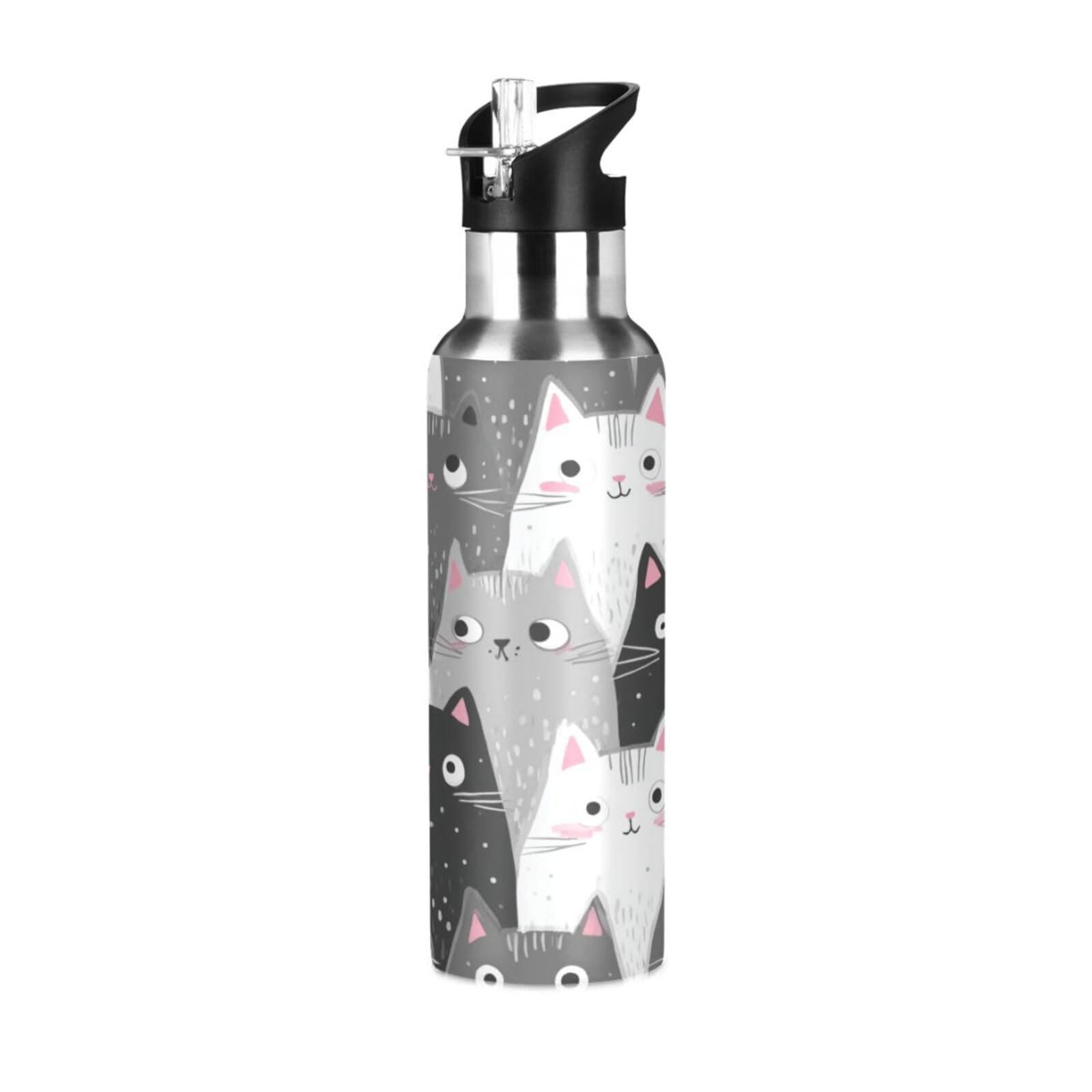 Kcldeci Cartoon Cats Kitten Sports Water Bottle 20 Oz Straw Lid Leak Proof Vacuum Insulated Stainless Steel Hot Cold Double Wall