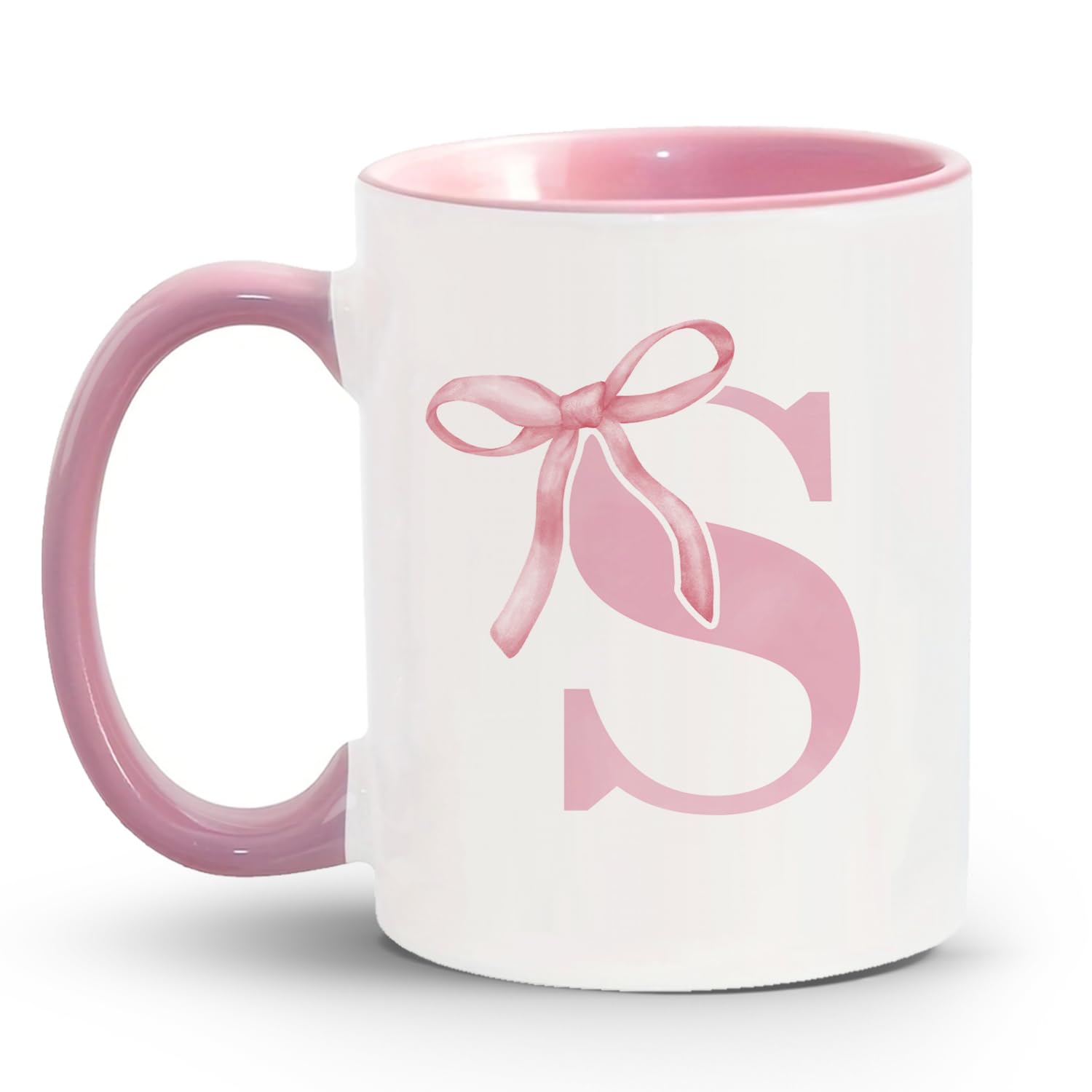 JKMBN Cute Pink Bow Letter Initial S Coffee Mug Birthday Gift for Women