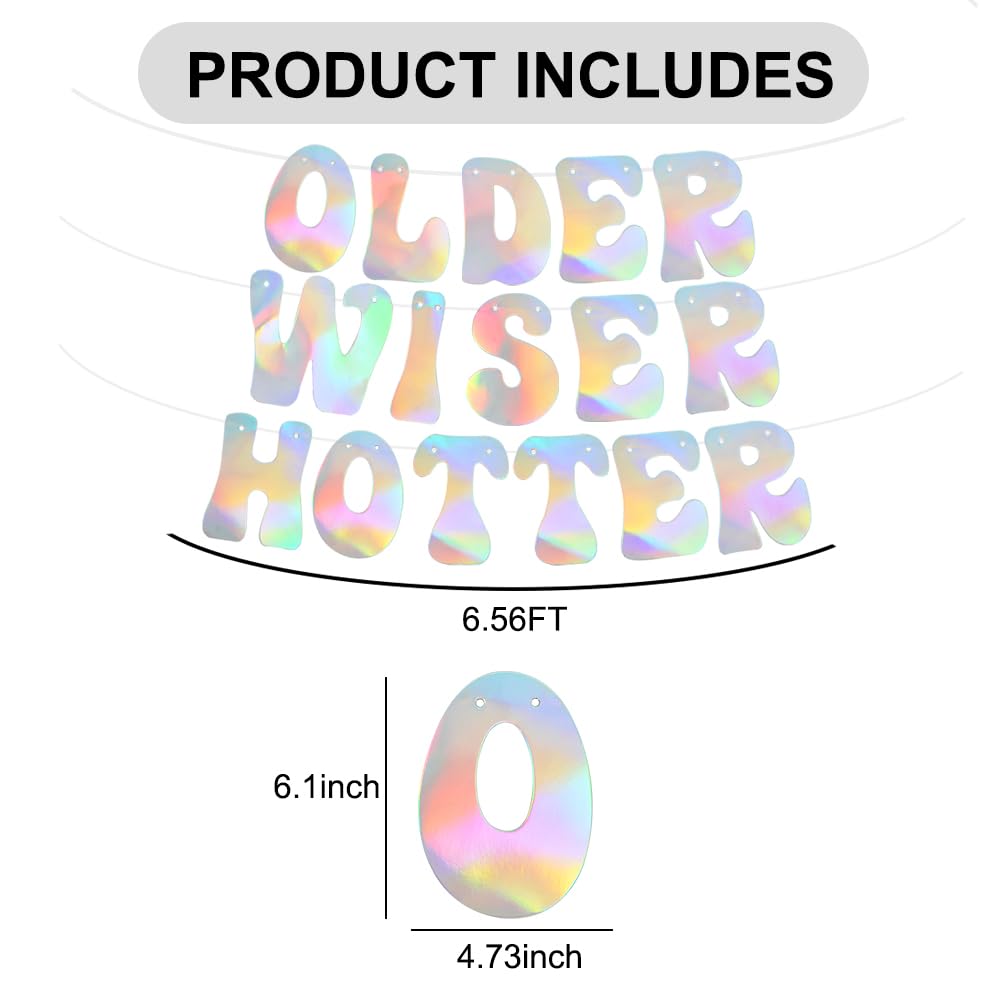 Beishida Iridescent Glitter Older Wiser Hotter Banner -No Diy - Pre-Strung Birthday Banner Decoration For 40Th 50Th 60Th 70Th 80