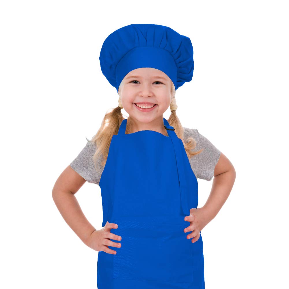 Crjhns Kids Apron And Chef Hat Set, Adjustable Cotton Child Aprons With Large Pocket Blue Girls Boys Kitchen Bib Aprons For Cook