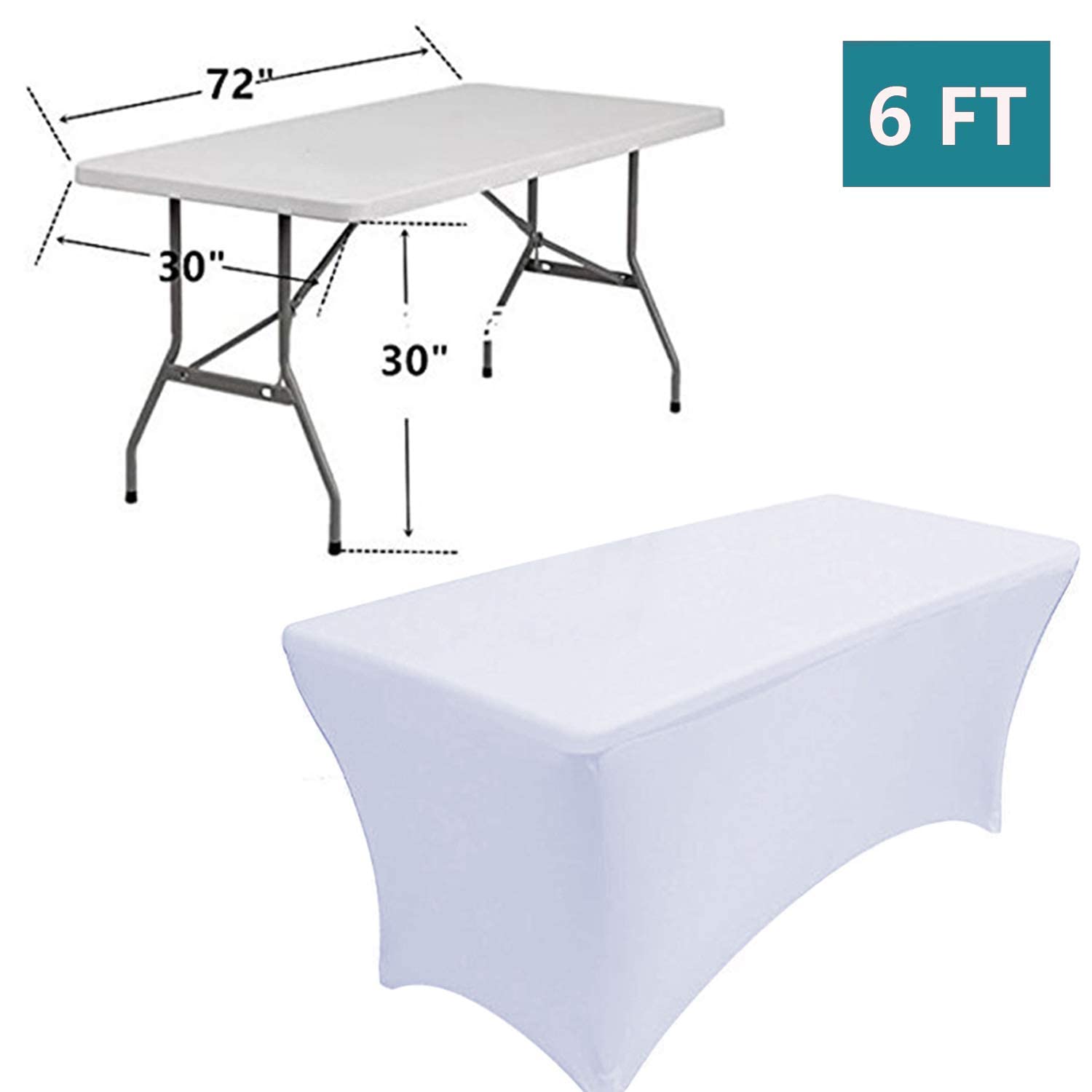 RELIANCER 2 Pack 6FT Rectangular Spandex Table Cover Four-Way Tight Fitted Stretch Tablecloth Table Cloth for Outdoor Party DJ Tradeshow Banquet Vendor Wedding Celebration (2PC 6FT  White)