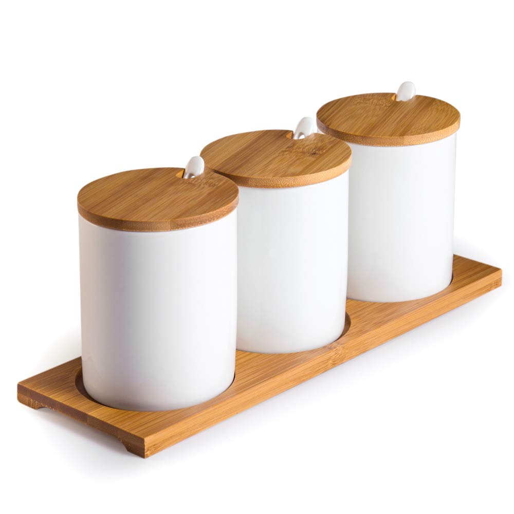 Lucky Goddness Ceramic Sugar Bowls With Bamboo Lids And Spoons-June Sky Muti-Functional Round Condiment Jar For Home- Spice Stor