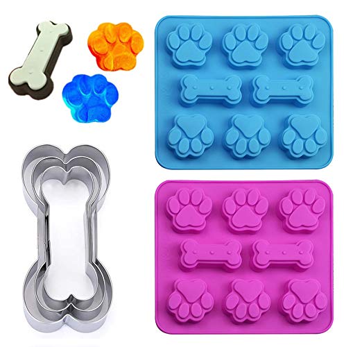 Set Of 5, 2 Packs Silicone Molds Puppy Dog Paw & Bone Shaped 2 In 1 And 3 Packs Stainless Steel Bone Cookie Cutter,For Homemade