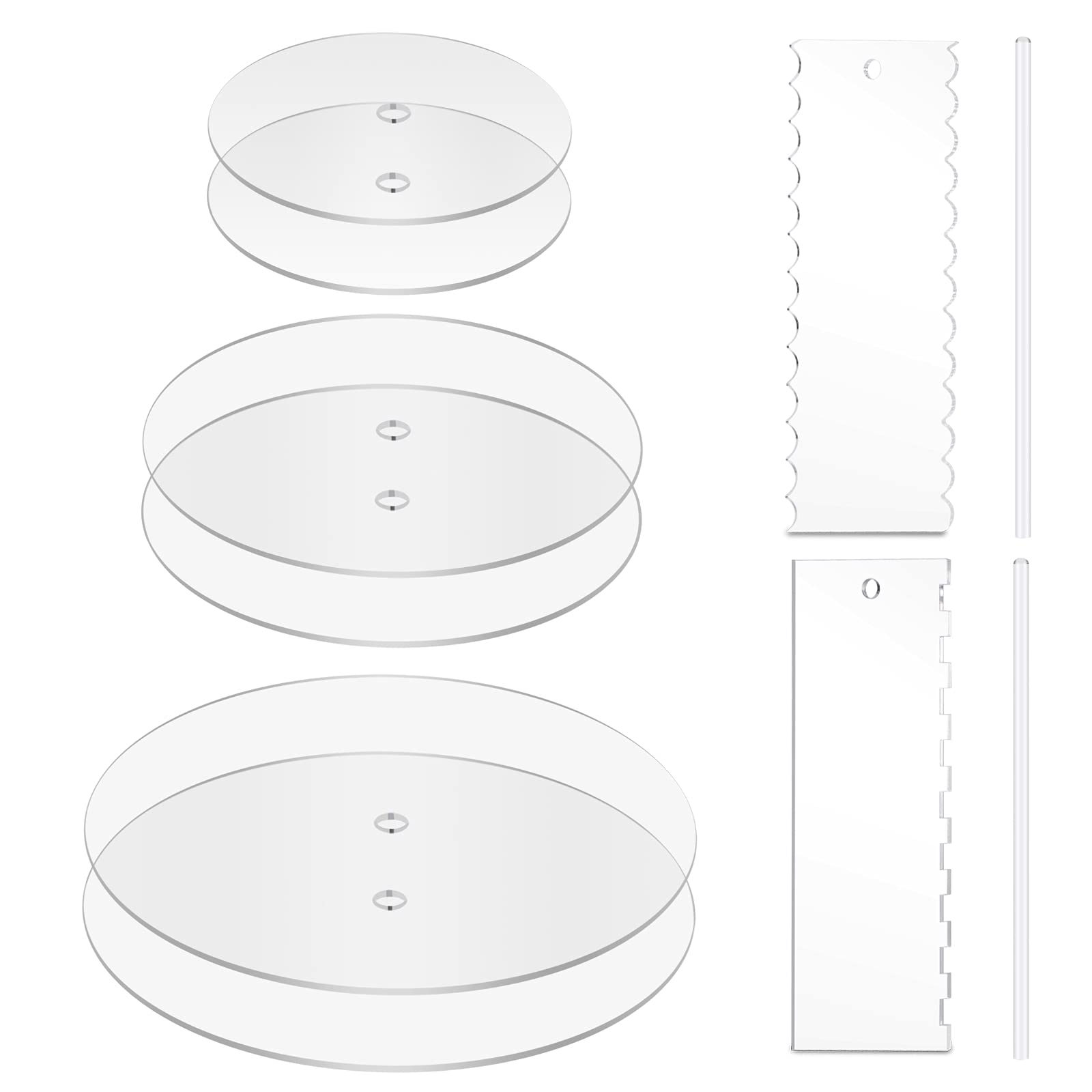 Ailaxq Acrylic Round Cake Discs Set - 6.25   , 8.25   , 10.25    - 2 Circles Each Size (158 Mil Thick), Comb Icing Scraper, Cake