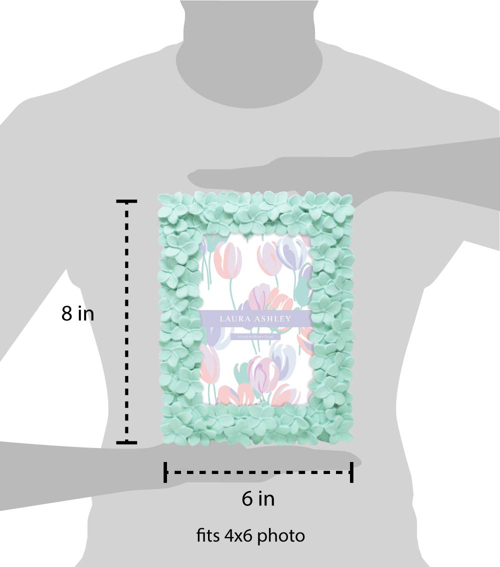 Laura Ashley 4x6 Mint Green Flower Textured Hand-Crafted Resin Picture Frame w/Easel & Hook for Tabletop & Wall Display, Decorat