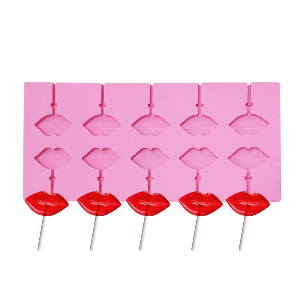 10 Cavities Red Lips Lollipop Mold With 20Pcs Sticks Sexy Lips Silicone Chocolate Hard Candy Gummy Fondant Mold