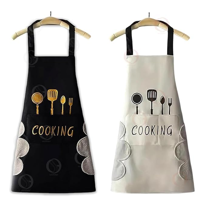 Adorablega Kitchen Cooking Apron With Front Pocket, Waterproof, Floral Bunny Design, Blue And Pink, 2Pack