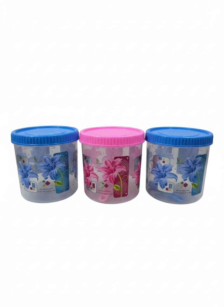 Plastic Kitchen Container Set Of 3 With Spoons  Grocery Storage Jars, Masala Box, Freezer Storage (800Ml)