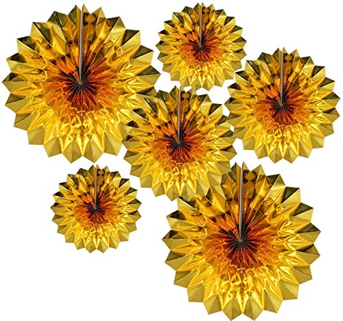 Rozi Decoration Golden Shining Paper Fans for Photo Booth, Backdrop, Birthday Anniversary Haldi Party Decor Pack of 6 Piece