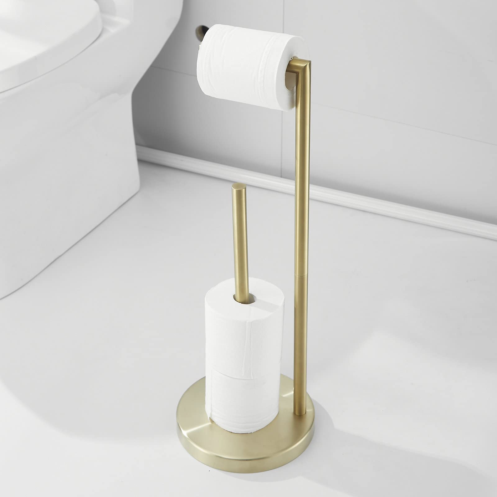 Free Standing Toilet Paper Roll Holder Stand With Reserve, Gold Brushed