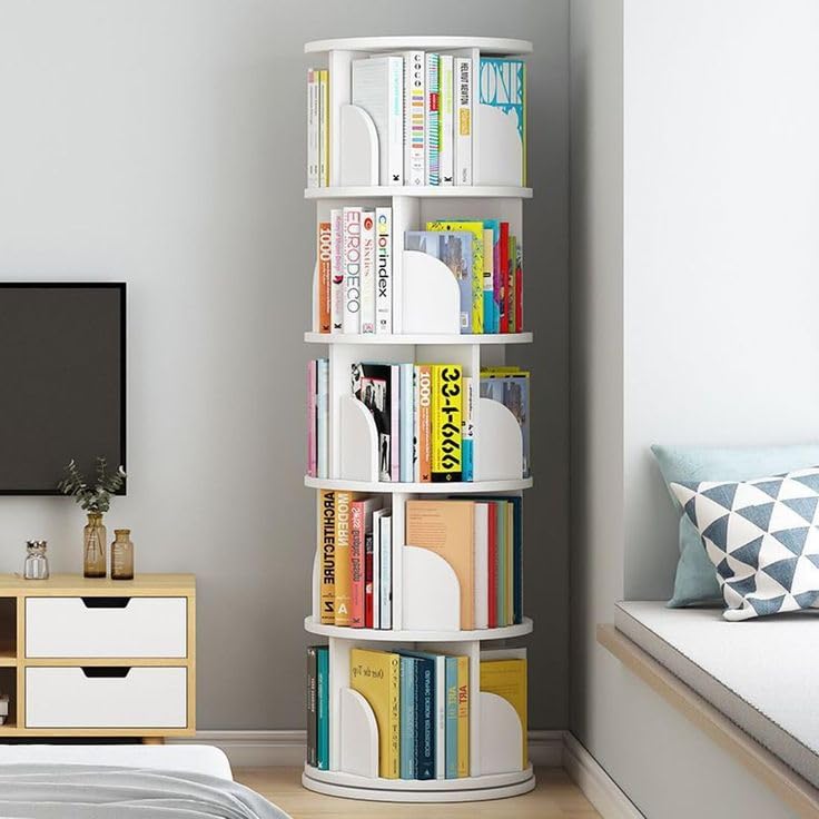 Aesthetic Decor Wooden Rotating 360 Degree Preassembled Bookshelf Tower Open Rack Organiser SpaceSaving 5 Tier Corner Stand For